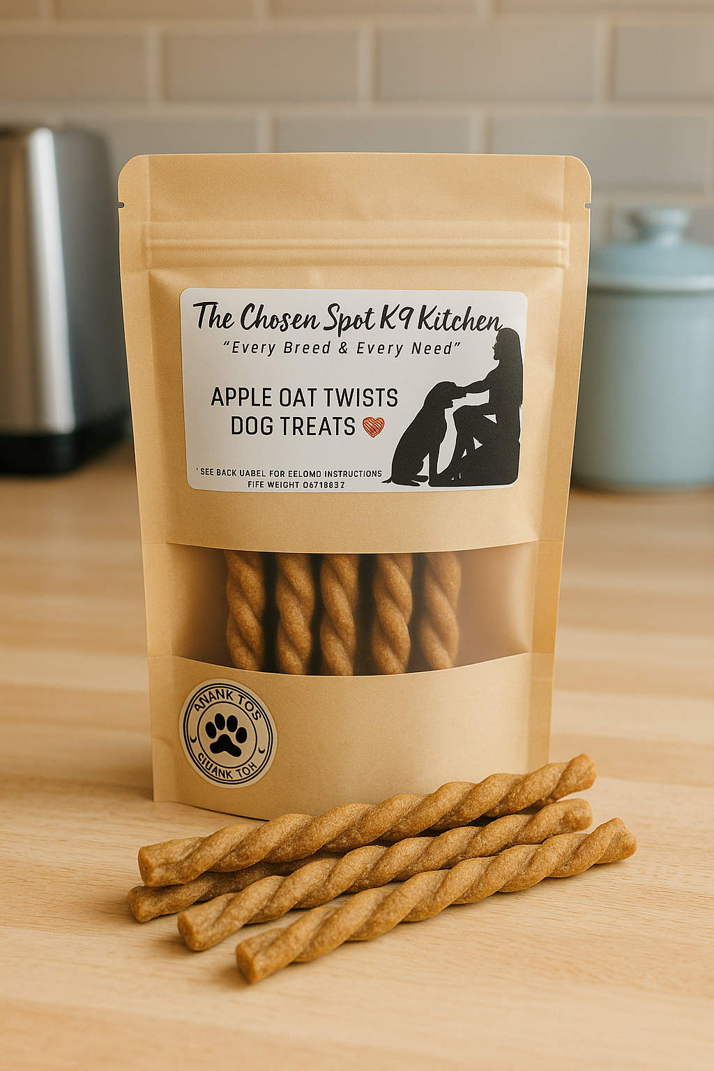 Package of 'The Chosen Spot K9 Kitchen' Apple Oat Twists handmade organic dog treats on a neutral background