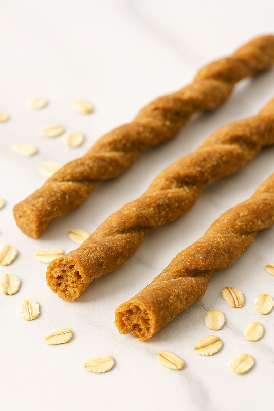 Apple Oat Twist Handmade Organic Dog Treats on a white background with oats scattered around