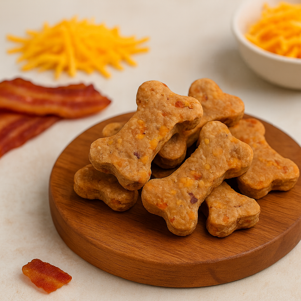 Bacon Cheddar Biscuits with Duvall Farms Bacon. Handmade organic dog treats from The Chosen Spot K9 Kitchen on a round cutting board with cheddar cheese and bacon in the background.