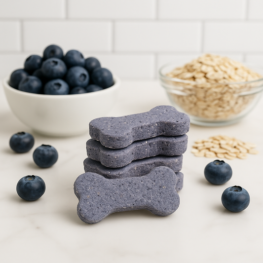 Blueberry + Oat Bones, handmade organic dog treats from The Chosen Spot K9 Kitchen with blueberries, oats, and honey on a white background with oat and blueberries nearby.