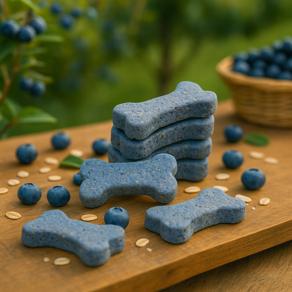 Blueberry + Oat Bone handmade organic dog treats from The Chosen Spot K9 Kitchen.