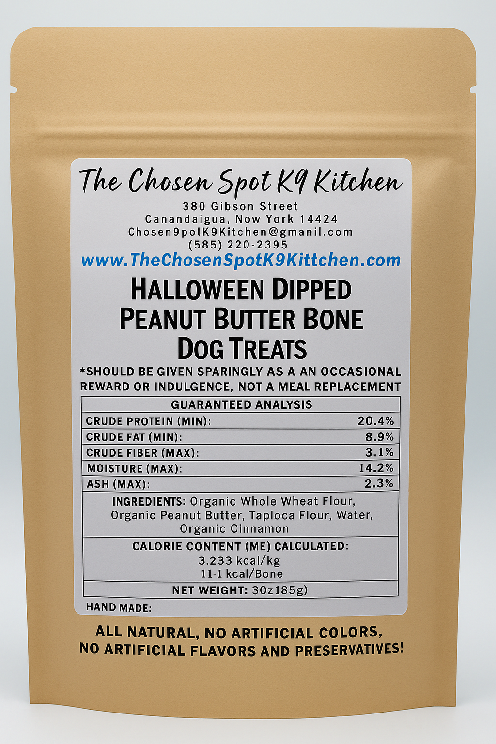 Halloween Dipped Peanut Butter Bones Handmade organic dog treats from The Chosen Spot K9 Kitchen. The back label includes guaranteed analysis ingredients and calorie content (ME) calculated.