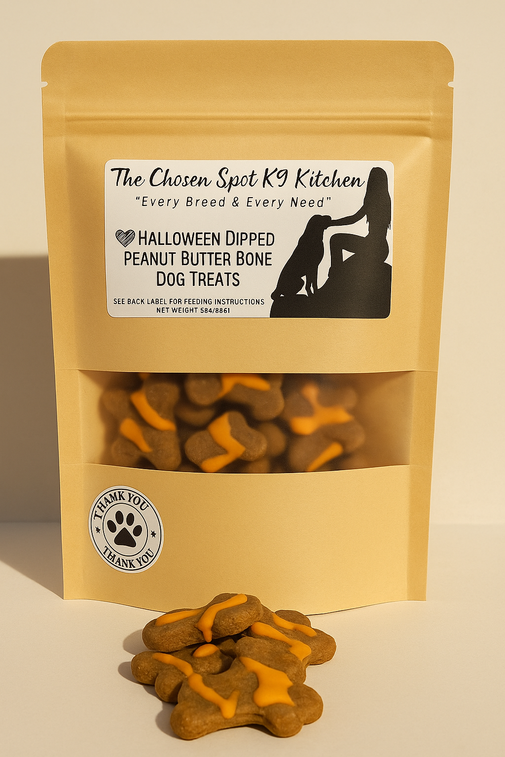 Package of 'The Chosen Spot K9 Kitchen' Halloween Dipped Peanut Butter Bone Dog Treats. Handmade organic dog treats on a beige background