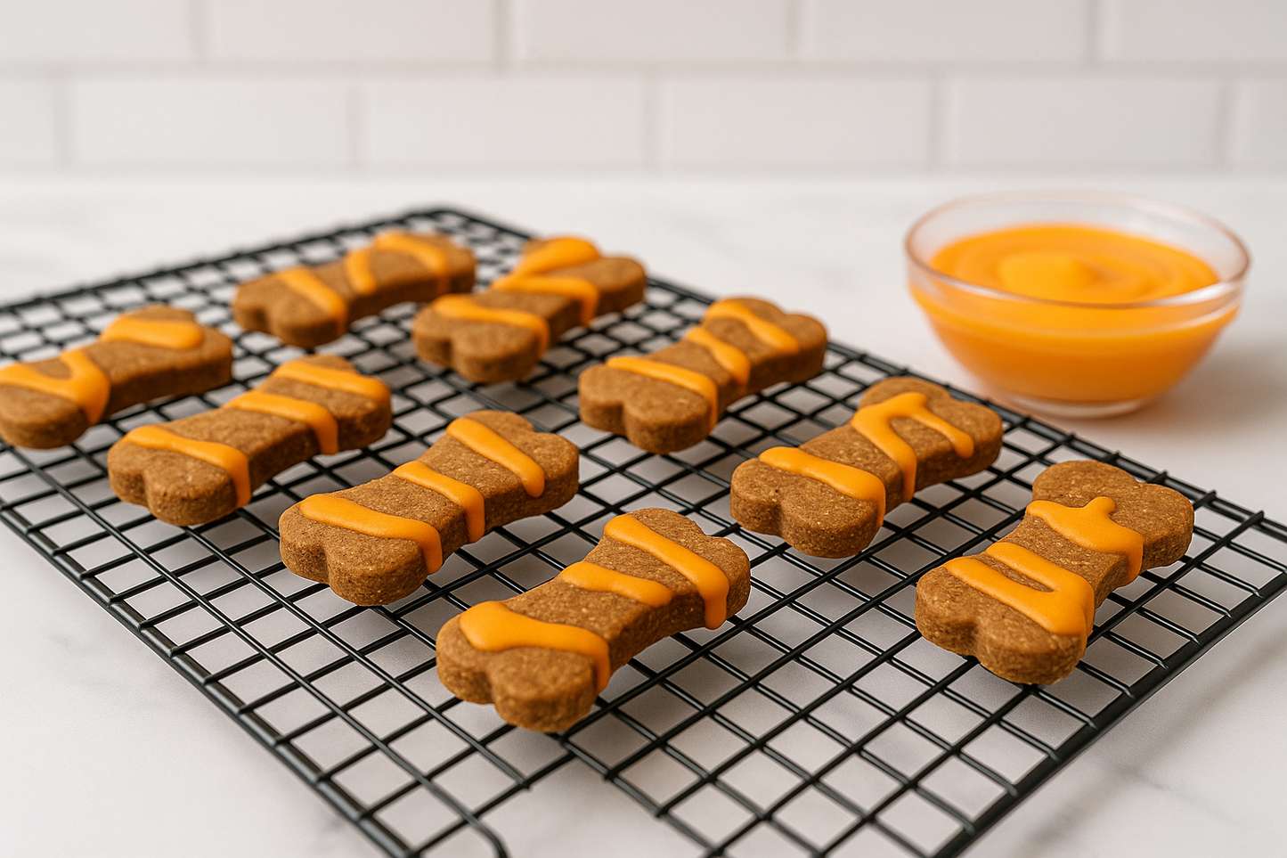 Halloween Dipped Peanut Butter Bones. Handmade organic dog treats from The Chosen Spot K9 Kitchen on a cooling rack with a bowl of orange icing nearby.
