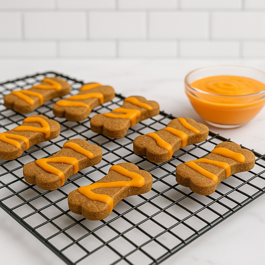 Halloween Dipped Peanut Butter Bones. Handmade organic dog treats from The Chosen Spot K9 Kitchen on a cooling rack with a bowl of orange icing nearby.