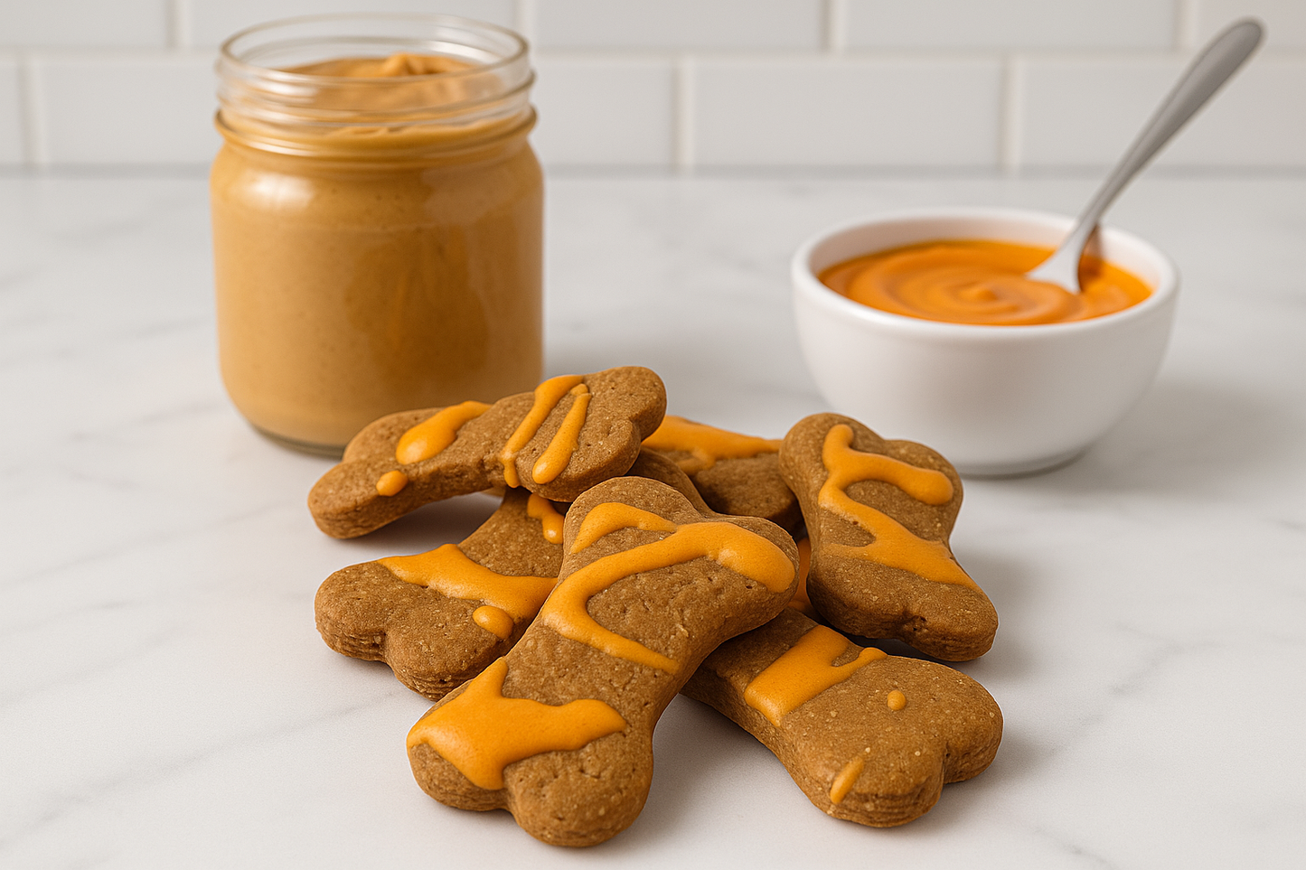 Up close shot of Halloween Dipped Peanut Butter Bones. Handmade organic dog treats from The Chosen Spot K9 Kitchen with a jar of peanut butter and a bowl of orange icing.