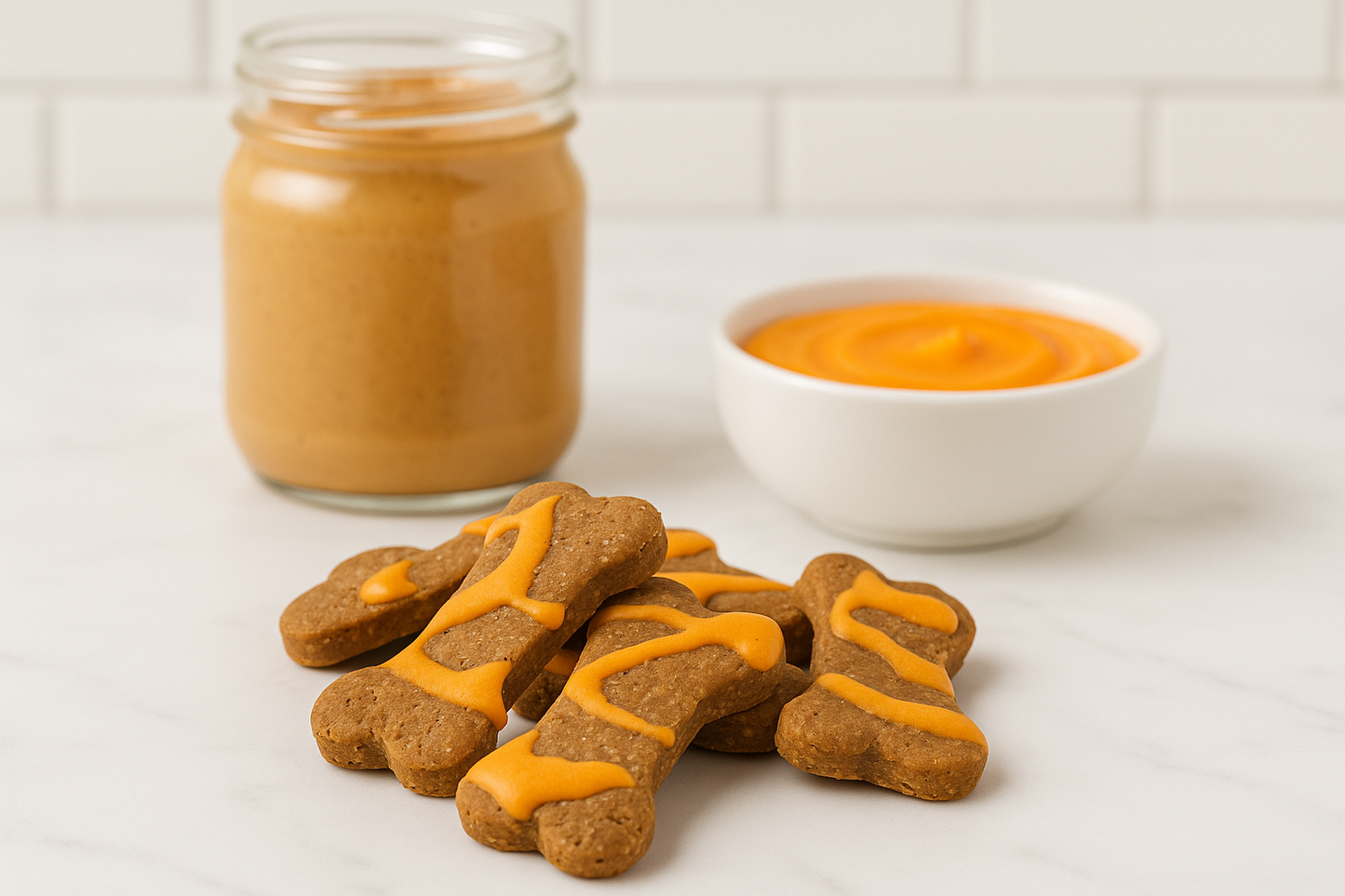 Up close shot of Halloween Dipped Peanut Butter Bones. Handmade organic dog treats from The Chosen Spot K9 Kitchen with a jar of peanut butter and a bowl of orange icing nearby.