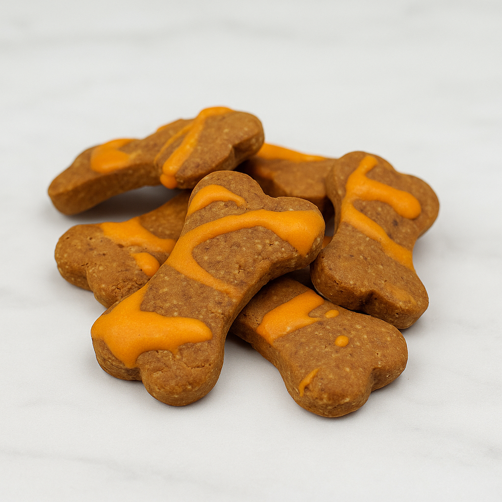 Up close shot of Halloween Dipped Peanut Butter Bones. Handmade organic dog treats from The Chosen Spot K9 Kitchen
