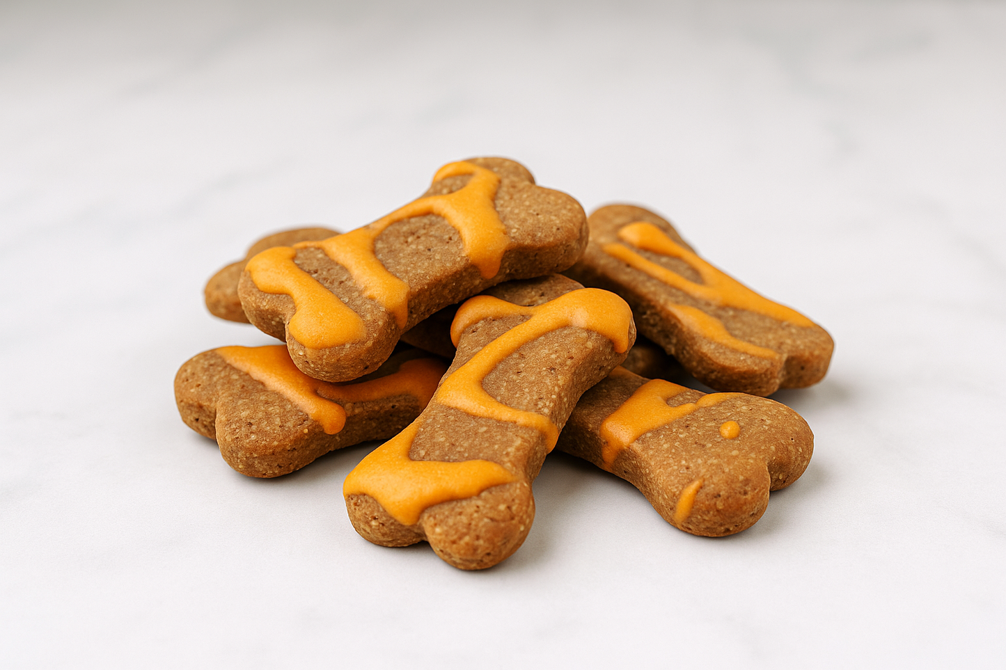 Up close shot of Halloween Dipped Peanut Butter Bones. Handmade organic dog treats from The Chosen Spot K9 Kitchen