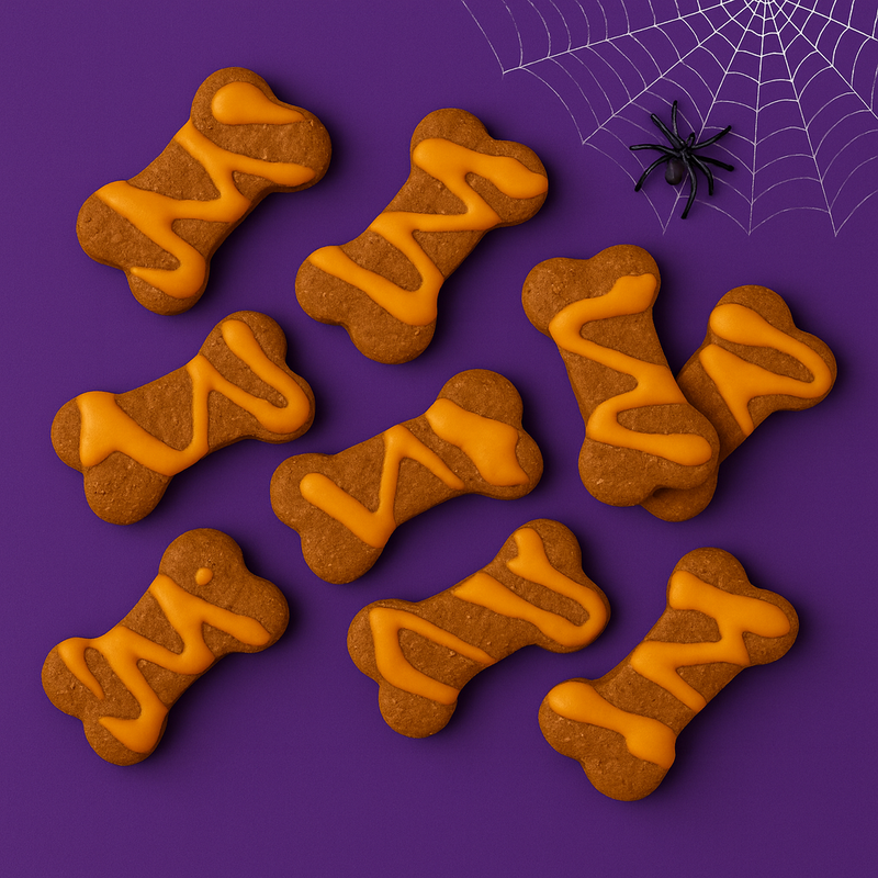 Halloween Dipped Peanut Butter Bones, handmade organic dog treats from The Chosen Spot K9 Kitchen with orange icing on a purple background with spider web design