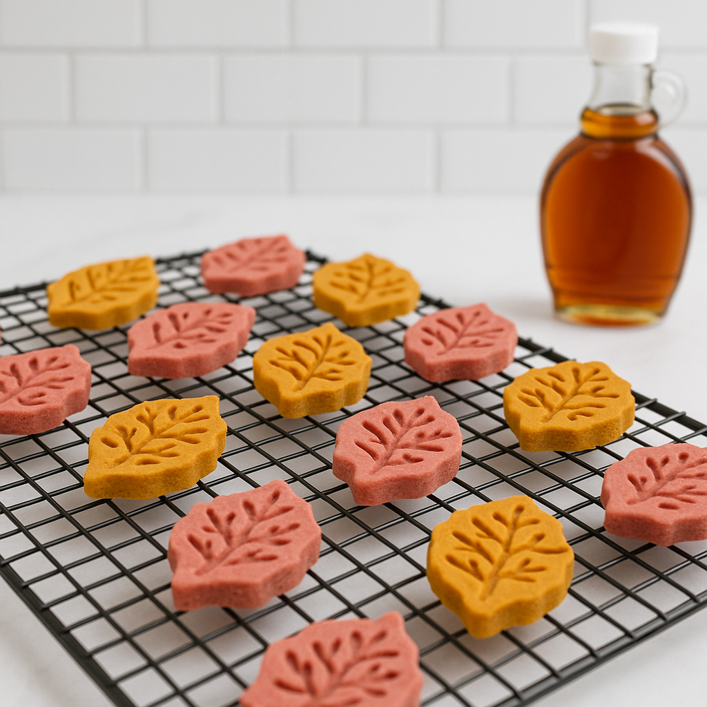 Harvest Maple Treats, ideal fall dog treats. Handmade organic dog treats from The Chosen Spot K9 Kitchen on a cool rack with a bottle of maple syrup nearby.