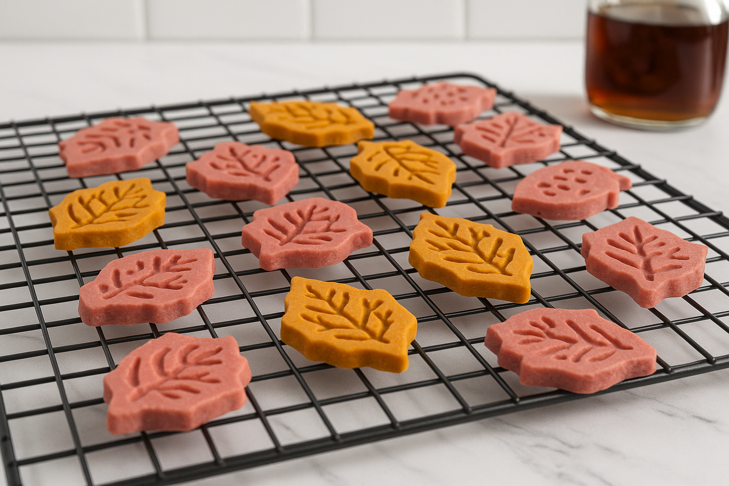 Harvest Maple Treats, ideal fall dog treats. Handmade organic dog treats from The Chosen Spot K9 Kitchen on a cool rack with a bottle of maple syrup nearby.