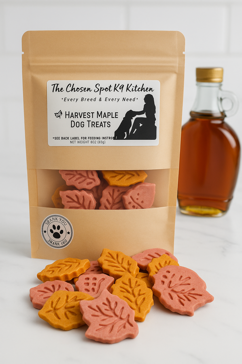 Harvest Maple Treats, ideal fall dog treats. Handmade organic dog treats from The Chosen Spot K9 Kitchen on a white background with a bottle of maple syrup nearby.