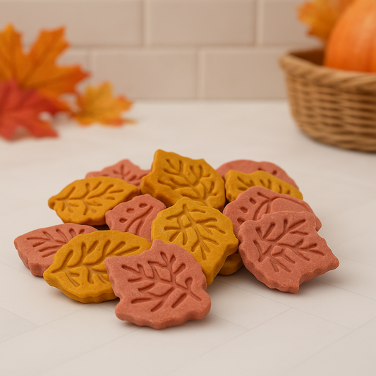 Harvest Maple Treats. Handmade organic dog treats from The Chosen Spot K9 Kitchen on a white background with fall leaves and a pumpkin blurred in the background.