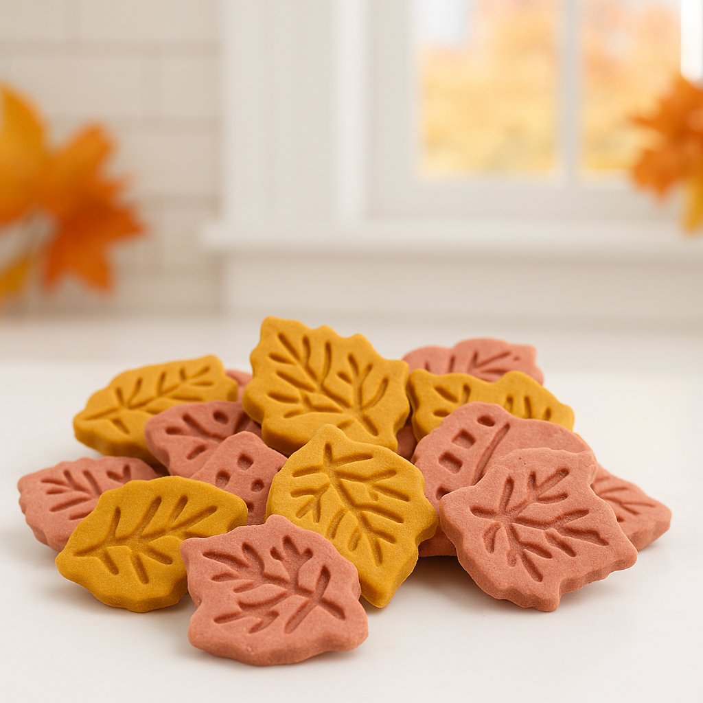 Harvest Maple Treats. Handmade organic dog treats from The Chosen Spot K9 Kitchen with fall leaves blurred in the background on a white counter.