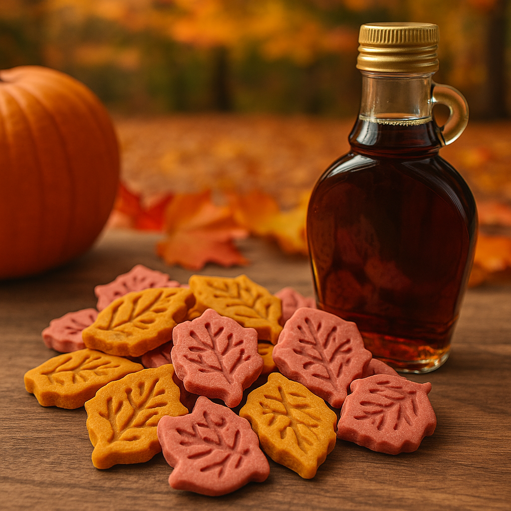 Harvest Maple Treats. Handmade organic dog treats from The Chosen Spot K9 Kitchen. Maple syrup bottle with autumn-themed dog treats on a wooden surface.
