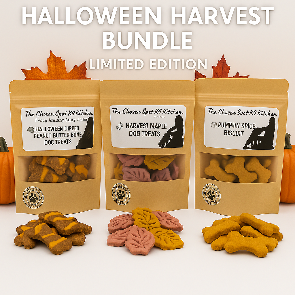 Three packages of 'The Chosen Spot K9 Kitchen's handmade organic dog treats with Halloween-themed packaging on a white background.
