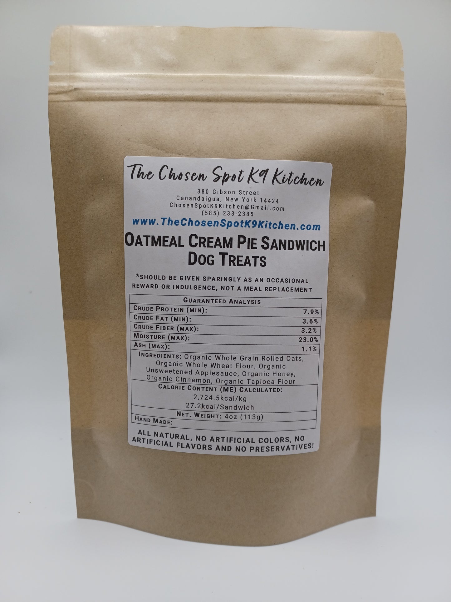 Oatmeal Cream Pie Sandwich Organic Dog Treats - BACK Label