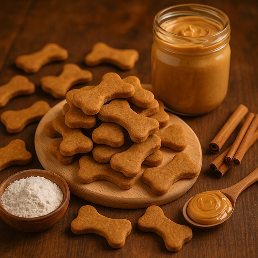 Peanut Butter Bones. Handmade organic dog treats from The Chosen Spot K9 Kitchen on a round cutting board with a jar of peanut butter, some cinnamon sticks and a dish of flour in the background.