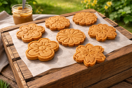 Peanut Butter Flowers, handmade organic dog treats from The Chosen Spot K9 Kitchen on a wooden crate outside.