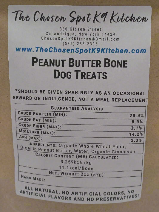 Peanut Butter Bone (Low-Fat) Organic Dog Treats - BACK Label containing Guaranteed Analysis and Calorie Content