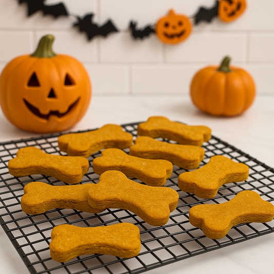 Pumpkin Spice Biscuits, handmade organic dog treats from The Chosen Spot K9 Kitchen on a cooling rack with jack-o-lanters in the background.