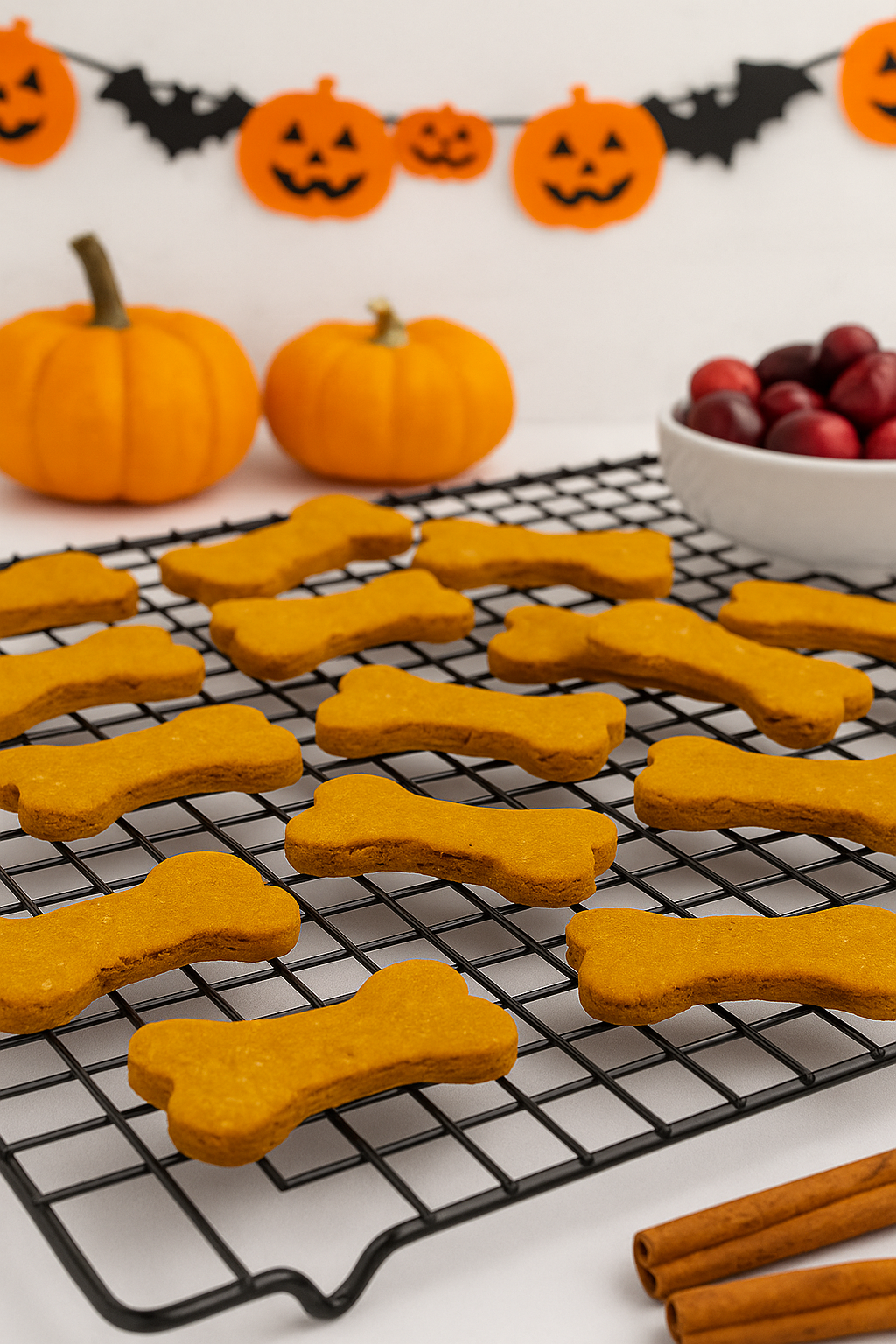Pumpkin Spice Biscuits, handmade organic dog treats from The Chosen Spot K9 Kitchen on a cooling rack with jack-o-lanters in the background.