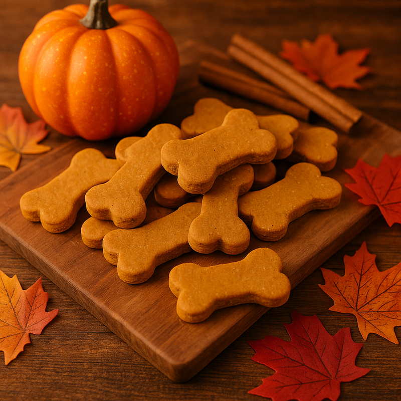 Pumpkin Spice Biscuits, handmade organic dog treats from The Chosen Spot K9 Kitchen on a wooden cutting board next to a mini pumpkin and cinnamon sticks
