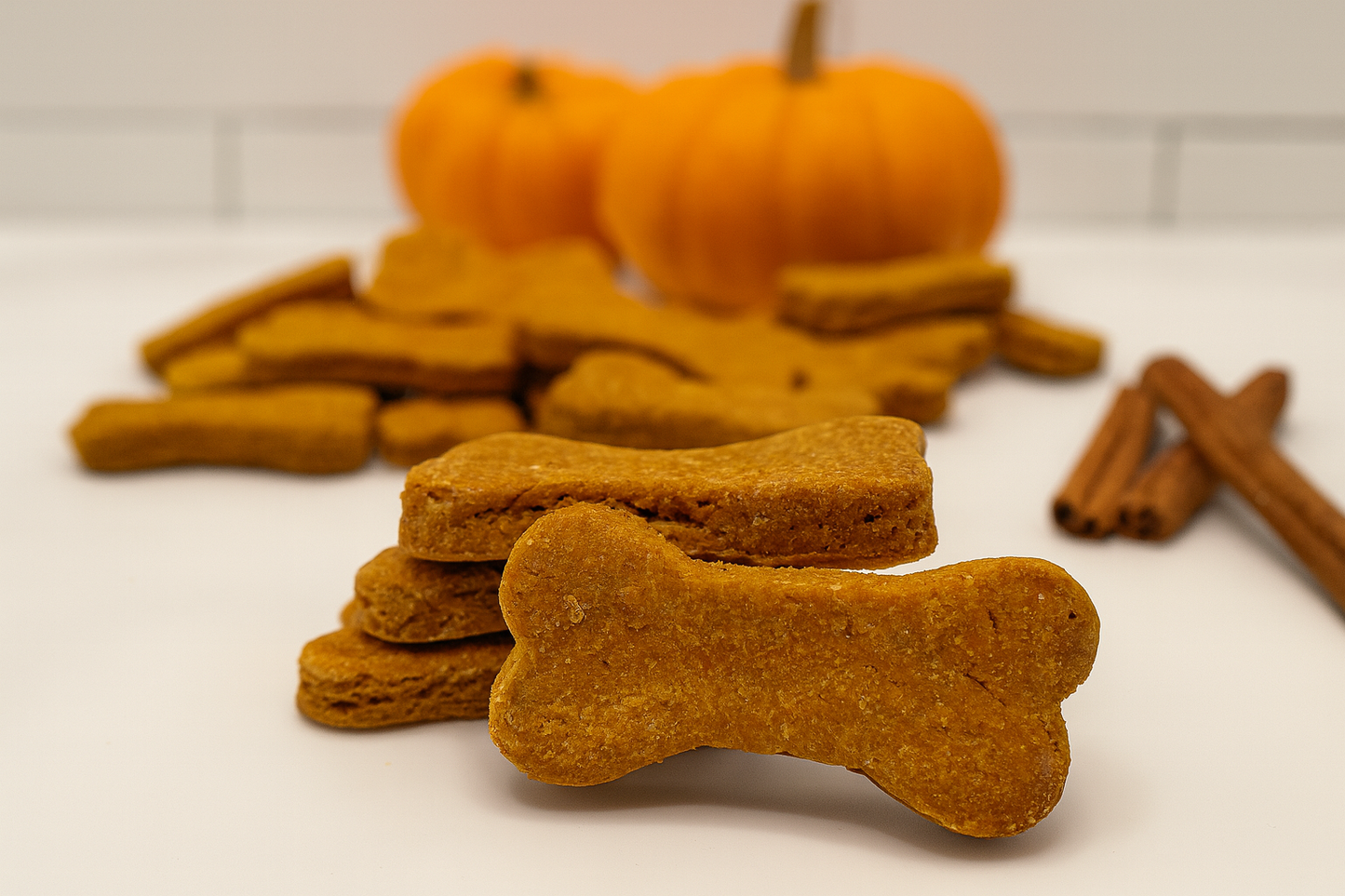 Pumpkin Spice Biscuits, handmade organic dog treats from The Chosen Spot K9 Kitchen with pumpkins and cinnamon sticks in the background.
