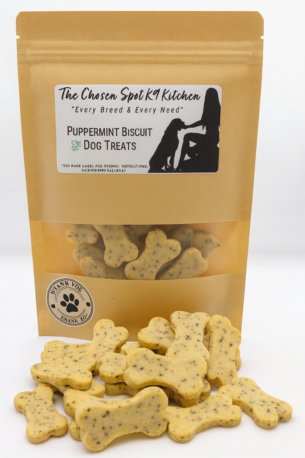Bag of 'The Chosen Spot K9 Kitchen's Puppermint Biscuit dog treats with visible treats in front.