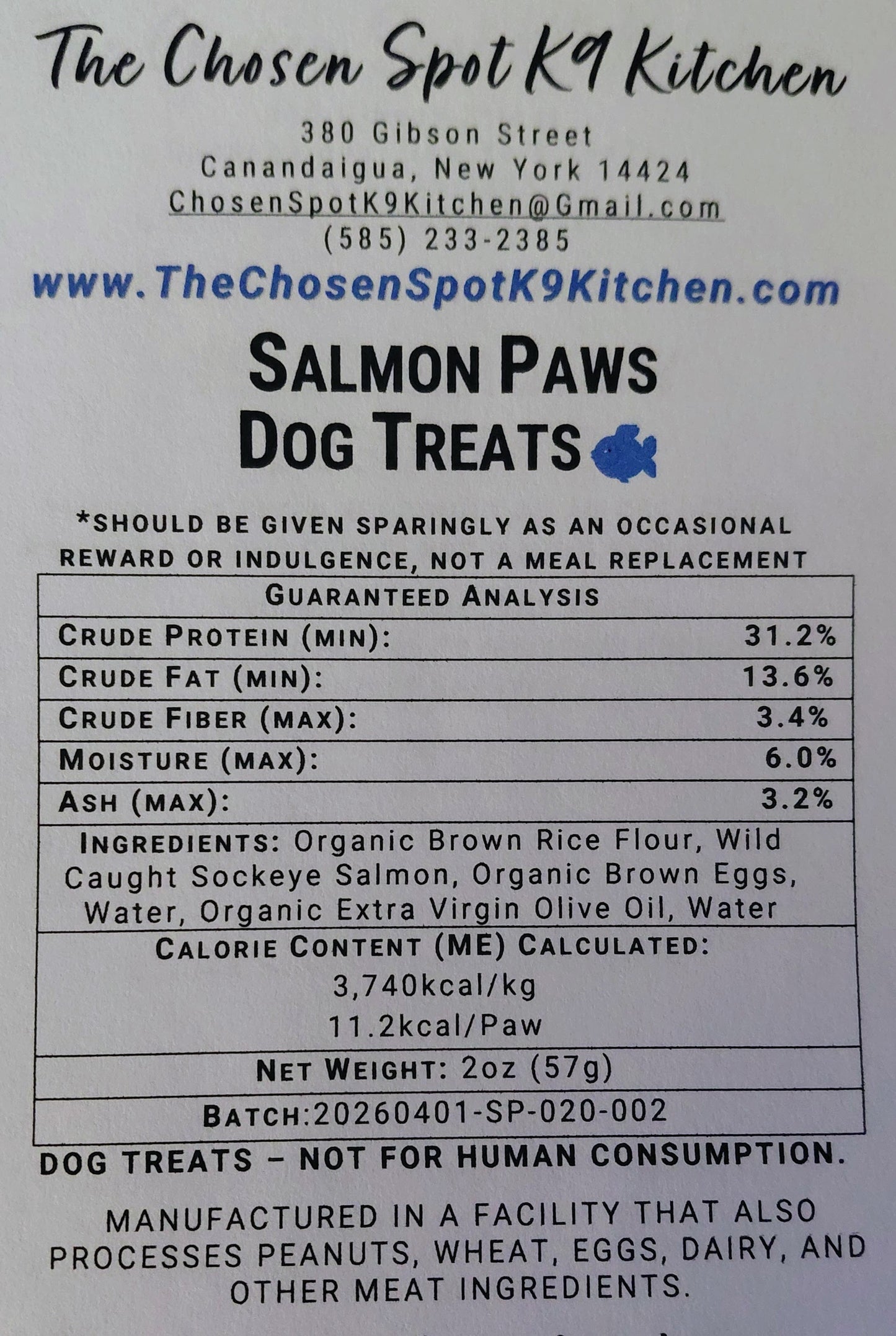 Dog treat Gruaranteed Analysis abel for 'Salmon Paws' from The Chosen Spot K9 Kitchen with nutritional information and ingredients.