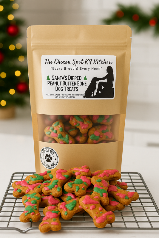 Santa's Dipped Peanut Butter Bones. Handmadeorganic dog treats from The Chosen Spot K9 Kitchen on a cooling rack.