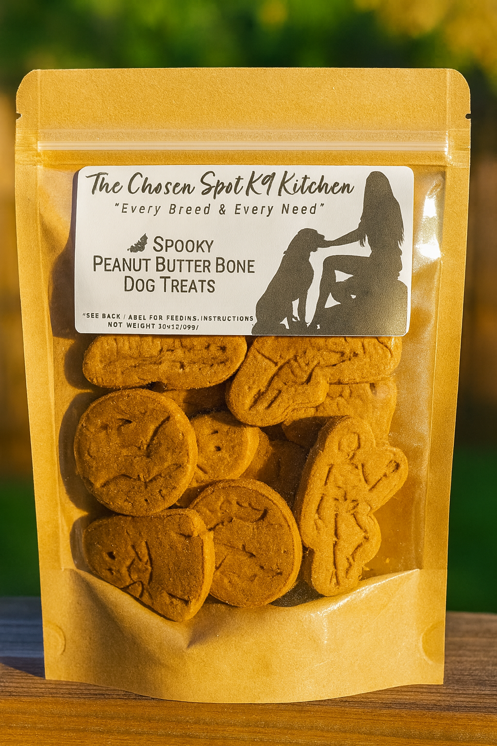 Pack of Spooky Peanut Butter Bones. Handmade Organic Dog Treats from The Chosen Spot K9 Kitchen with a blurred green background.