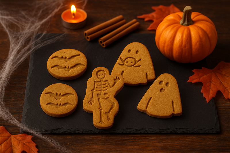 Spooky Peanut Butter Bones, handmade organic dog treats from The Chosen Spot K9 Kitchen, layed out on a slate board with a mini pumpkin, cinnamin sticks and a tea candle with some cobwebs