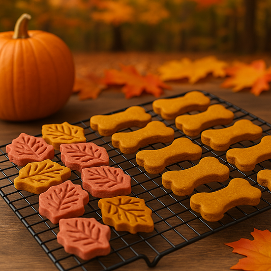 The Winter Harvest Bundle. Handmade organic holiday dog treats from The Chosen Spot K9 Kitchen. Pumpkin Spice Biscuits and HArvest Maple treats layed out on a cooling rack.