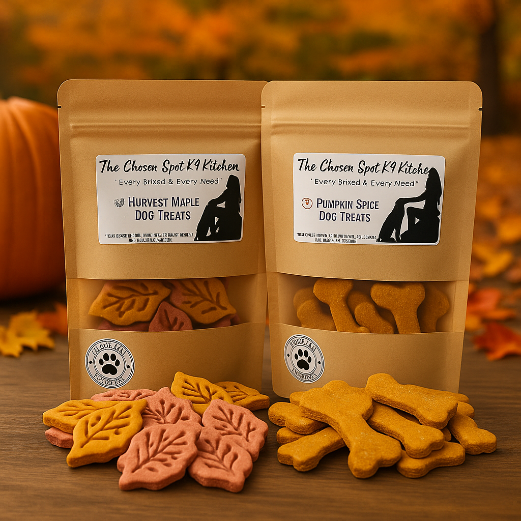 The Winter Harvest Bundle. Handmade organic holiday dog treats from The Chosen Spot K9 Kitchen. Pumpkin Spice Biscuits and Harvest Maple with treats layed out on a wooden table.