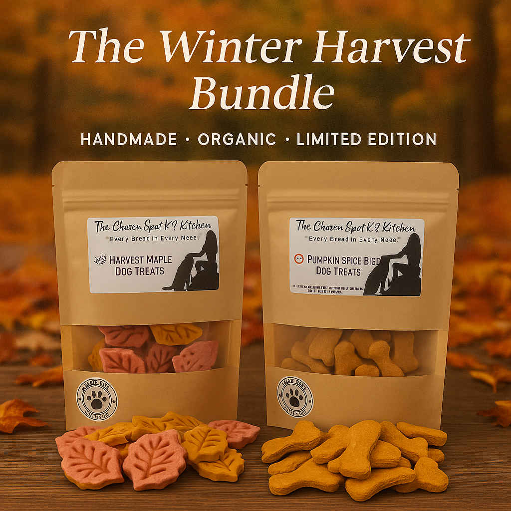 The Winter Harvest Bundle. Handmade organic holiday dog treats from The Chosen Spot K9 Kitchen. Pumpkin Spice Biscuits and Harvest Maple with treats layed out on a wooden table. Limited Edition.