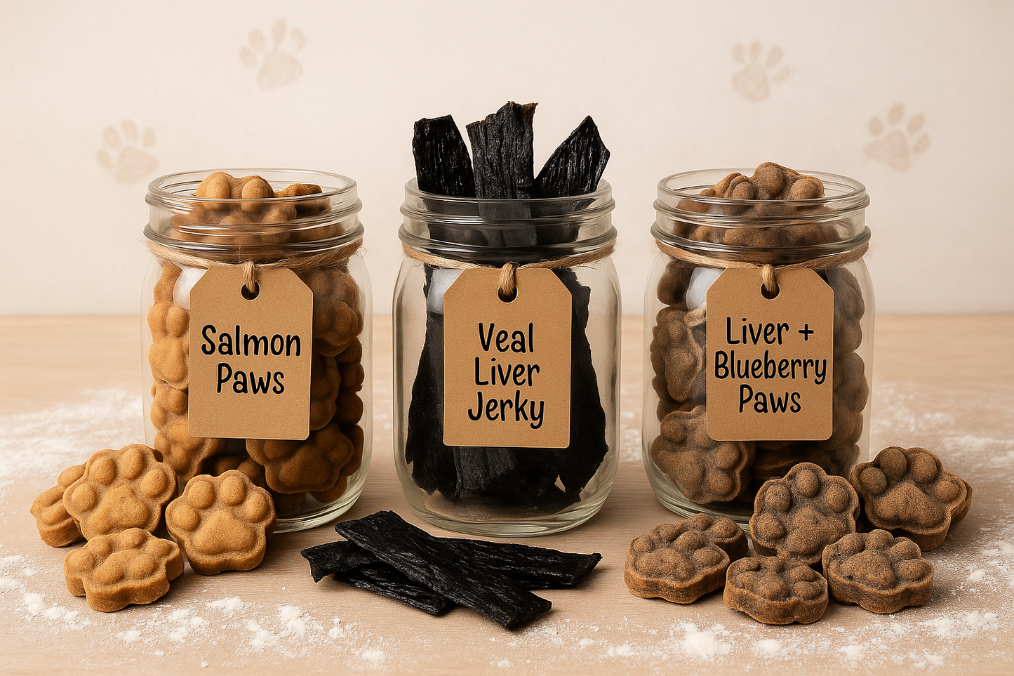 The Training Treats Bundle containing Salmon Paws, Veal Liver Jerky and Liver + Blueberry Paws. Handmade organic high-protein dog treatd from The Chosen Spot K9 Kitchen.