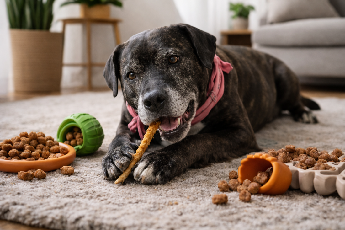 Black pit bull enjoying a dehydrated chicken foot as an enrichment treat in a calm indoor setting