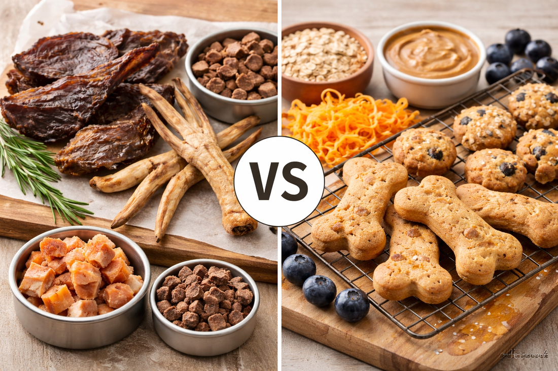 Side-by-side comparison showing dehydrated dog treats and baked dog biscuits on a clean kitchen surface