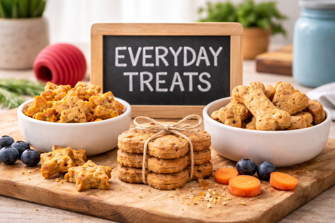 Assortment of everyday dog treats arranged on a wooden surface with baked biscuits and whole-food ingredients in a clean kitchen setting.