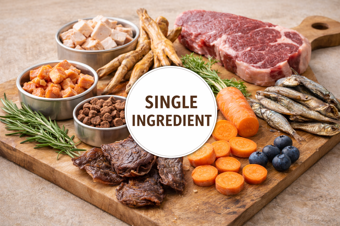 Single-ingredient dog treats displayed individually, including dehydrated meat and whole-food ingredients, arranged on a wooden surface.