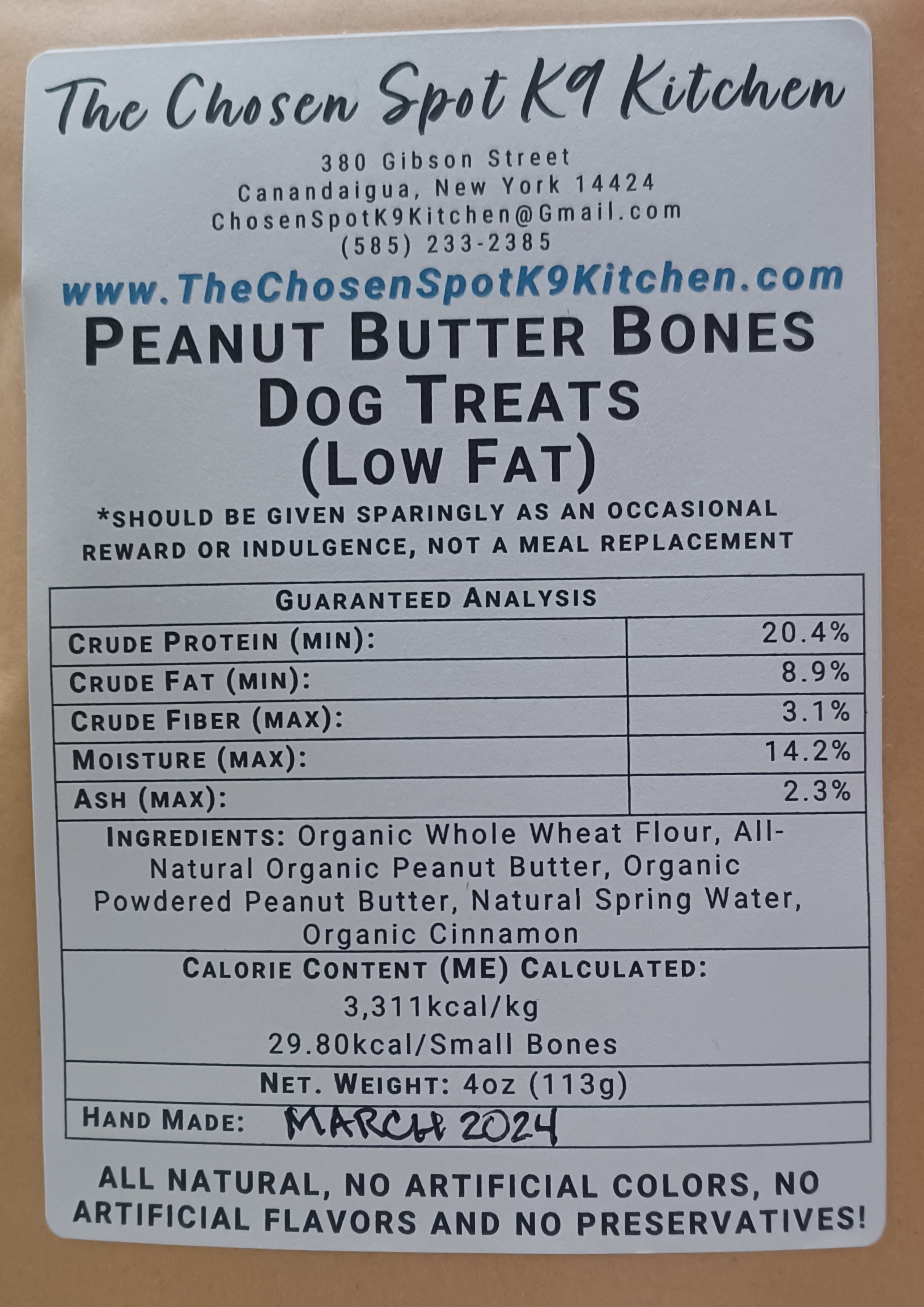 Peanut Butter Bones (Low-Fat) organic dog treats back of package