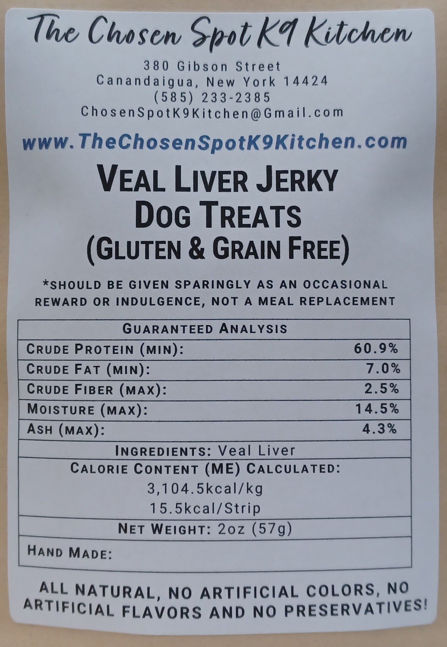 Organic Dog Treats - Veal Liver Jerky Back Label