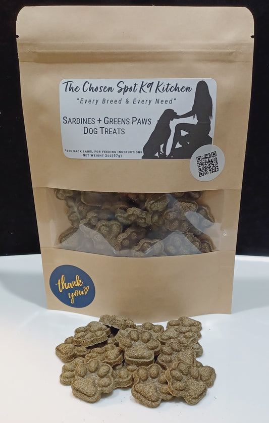 Sardines + Greens Paws healthy dog treats front of bag with pile of paws in front