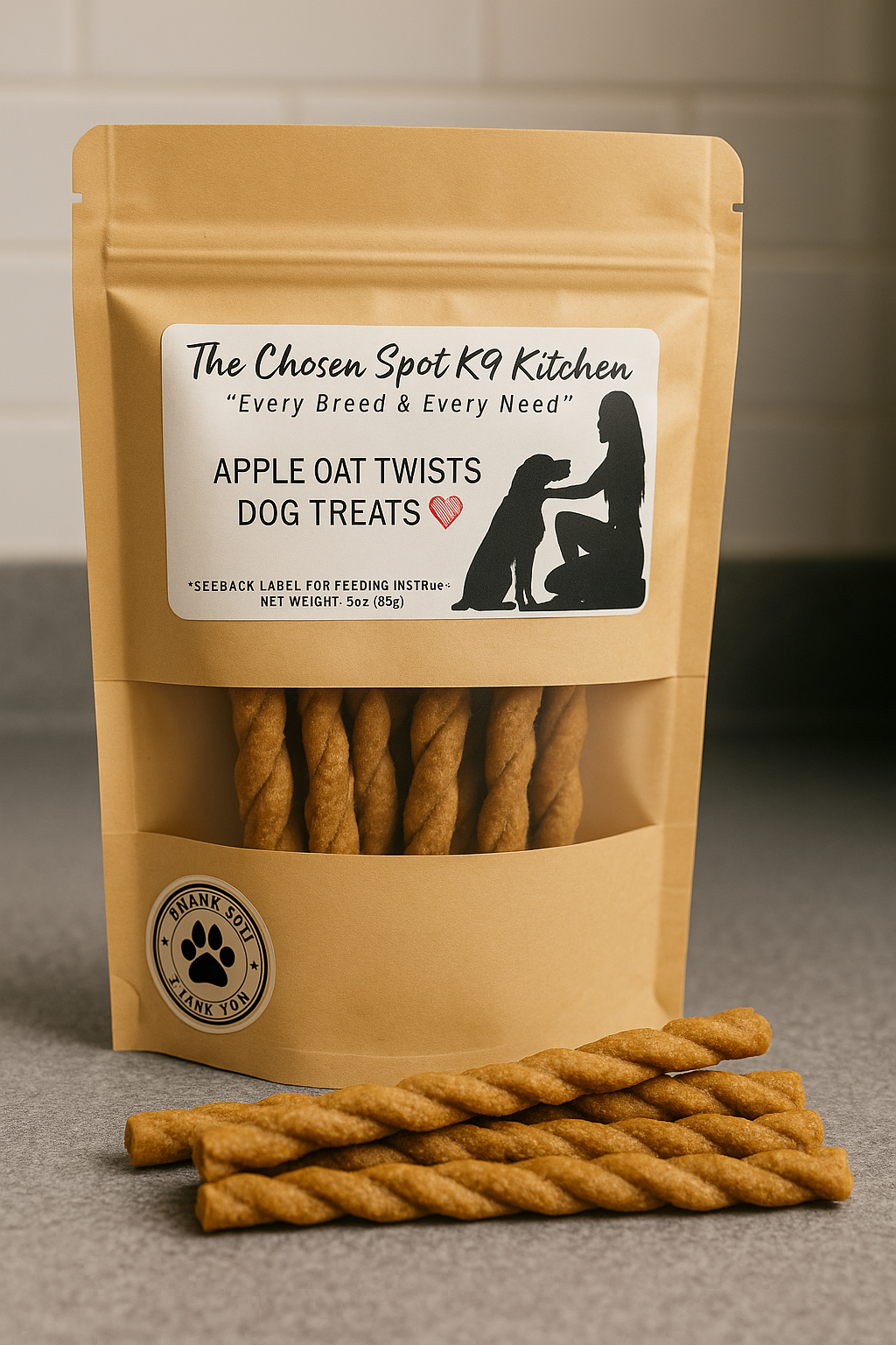 Package of 'The Chosen Spot K9 Kitchen' Apple Oat Twists handmade organic dog treats on a neutral background