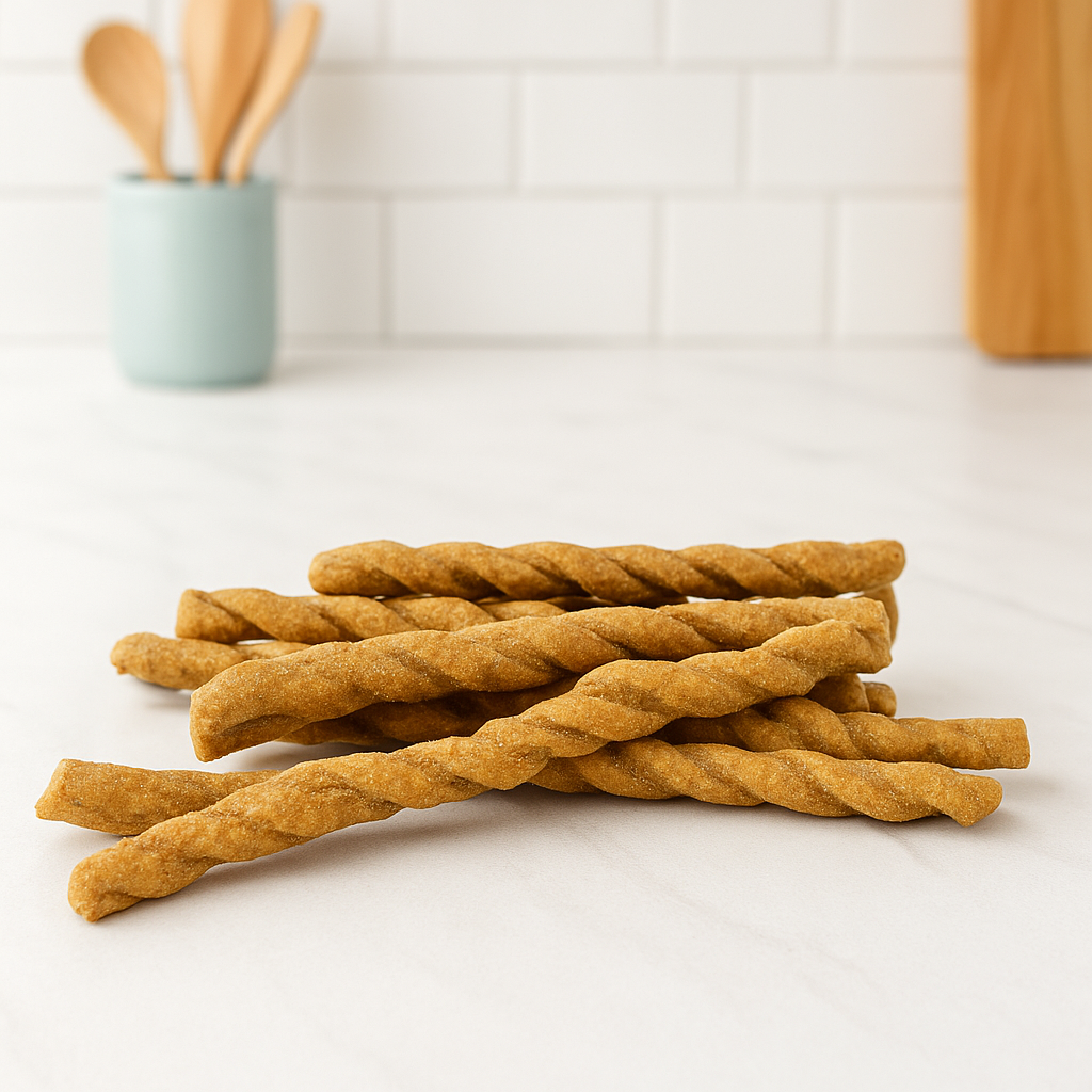 Apple Oat Twist Handmade Organic Dog Treats on a white counter