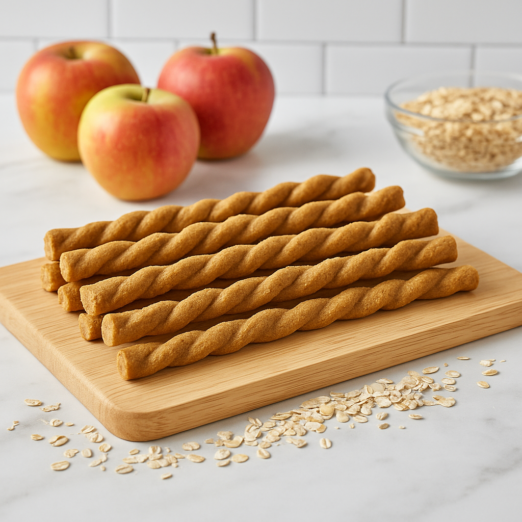 Apple Oat Twist Handmade Organic Dog Treats on a wooden board with apples and oats in the background