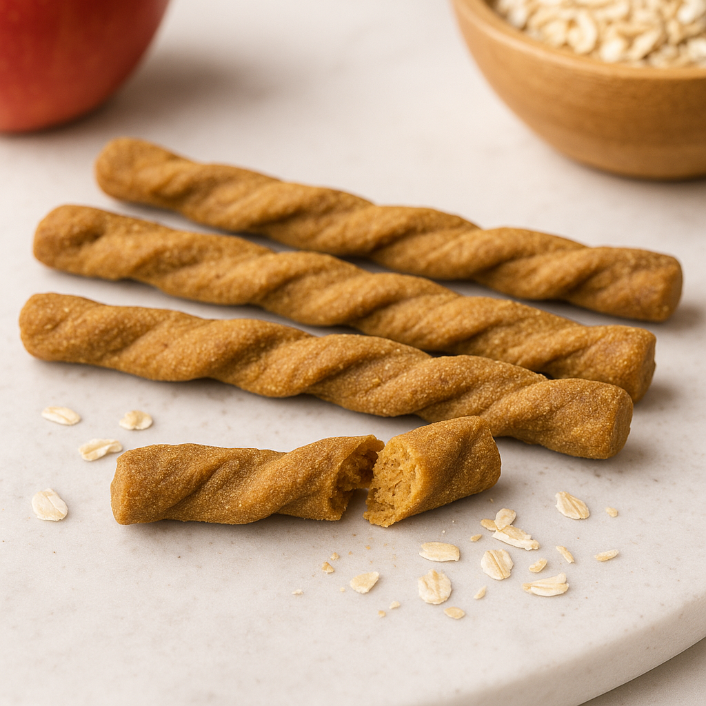Apple Oat Twist Handmade Organic Dog Treats on a white background with oats scattered around