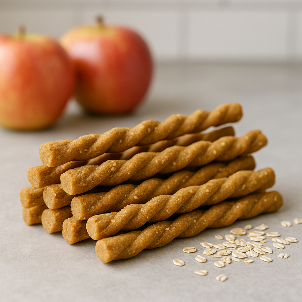 Apple Oat Twist Handmade Organic Dog Treats on a wooden board with apples and oats in the background